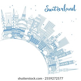 Outline Switzerland city skyline with blue buildings and copy space. Vector illustration. Modern and historic architecture. Switzerland cityscape with landmarks. Bern. Basel. Zurich. Geneva. Lugano.