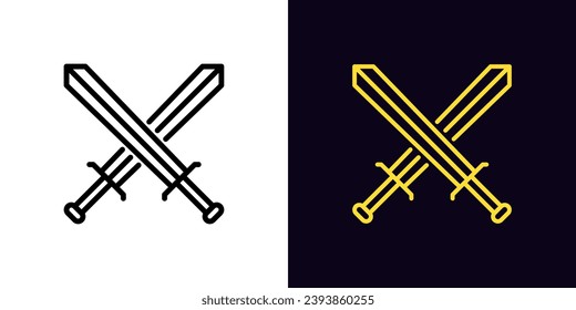 Icono de la batalla de la espada de contorno, con trazo editable. Signo de espadas cruzadas, campo de batalla de juegos. Pelea de espada real, batalla de gladiadores, arma de acero, civilización medieval de juegos con choque de guerreros. Icono de vector