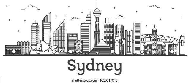 Outline Sydney Australia City Skyline with Modern Buildings Isolated on White. Vector Illustration. Sydney Cityscape with Landmarks.