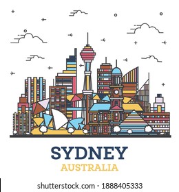 Outline Sydney Australia City Skyline with Modern Colored Buildings Isolated on White. Vector Illustration. Sydney Cityscape with Landmarks.