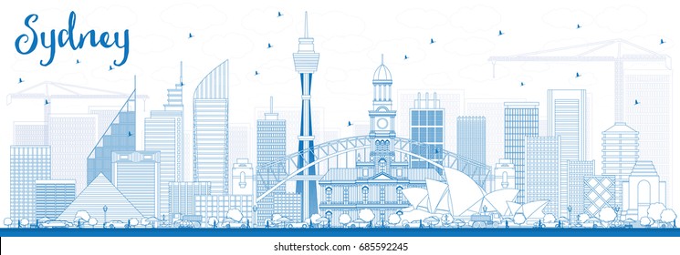 Outline Sydney Australia Skyline with Blue Buildings. Vector Illustration. Business Travel and Tourism Concept with Modern Architecture. Image for Presentation Banner Placard and Web Site.