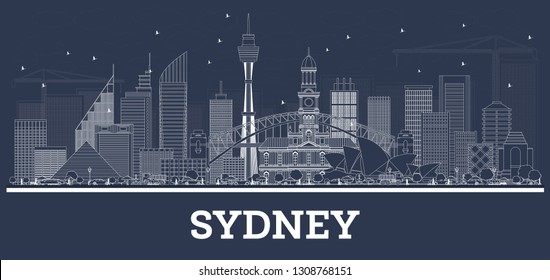 Outline Sydney Australia Skyline with White Buildings. Vector Illustration. Business Travel and Tourism Concept with Modern Architecture. Sydney Cityscape with Landmarks.