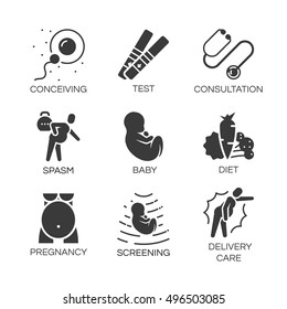 Outline symbol collection. Black shape icons set of stages pregnancy, tips for pregnant women. Stroke vector logo concept medical consultation for web graphics. Simple mono flat pictogram pack.