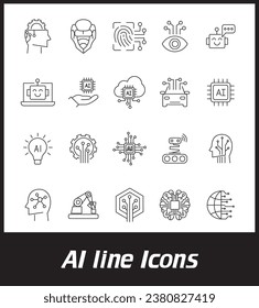 Outline symbol collection. Editable vector stroke. Set of thin line icons of artificial intelligence. artificial intelligence icon set in line style, machine learning, smart robotic and cloud compute