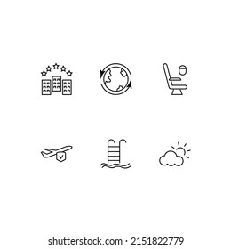 Outline symbol in modern flat style suitable for advertisement, books, stores. Line icon set with icons of hotel, earth planet, window seat, swimming pool, sun behind clouds 