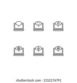 Outline symbol in modern flat style suitable for advertisement, books, stores. Line icon set with icons of smile, star, gear, sun inside of bubble on laptop monitor 