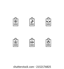 Outline symbol in modern flat style suitable for advertisement, books, stores. Line icon set with icons of intersected circles, folded hand, army star and order, paw on clipboard 