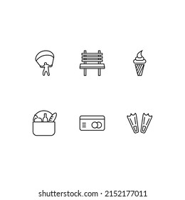 Outline symbol in modern flat style suitable for advertisement, books, stores. Line icon set with icons of paragliding, bench, ice cream, picnic, plastic card etc 