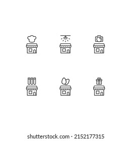 Outline symbol in modern flat style suitable for advertisement, books, stores. Line icon set with icons of chef, shower, photo camera, laboratory bulb, egg, giftbox over shop 