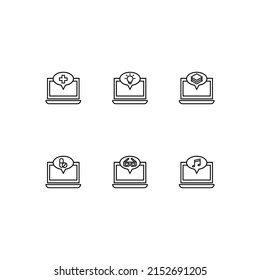 Outline symbol in modern flat style suitable for advertisement, books, stores. Line icon set with icons of medical cross, light bulb, paper sheets, drugs, music note inside of bubble on laptop monitor