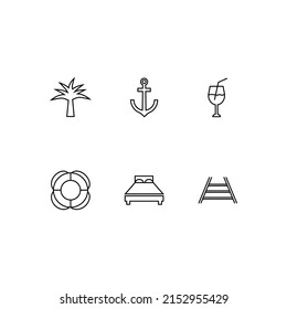 Outline symbol in modern flat style suitable for advertisement, books, stores. Line icon set with icons of palm, anchor, cocktail, life vest, rail, bed