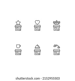 Outline symbol in modern flat style suitable for advertisement, books, stores. Line icon set with icons of heart, star, flowers, cup, scales, cloche over shop 