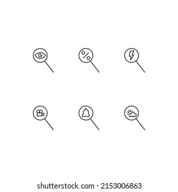 Outline symbol in modern flat style suitable for advertisement, books, stores. Line icon set with icons of eye, percent, lightning, video camera, bell, sun over clouds under loupe