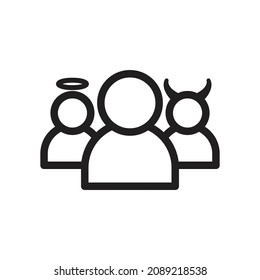 Outline symbol of a person with angels and demons behind him, good and bad, deeds and sins. Funny quirky flat vector icons for profile photos, web or print designs.