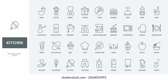 Outline symbols of chefs utensil and appliances for restaurant or home, food and drink, tools and pots collection for cutting and frying. Kitchen thin black and red line icons set vector illustration