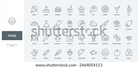 Outline symbols of fastfood dishes and dessert to eat in cafe menu, meat steak and sausage, wine and coffee, sushi and cupcake. Food and drink thin black and red line icons set vector illustration