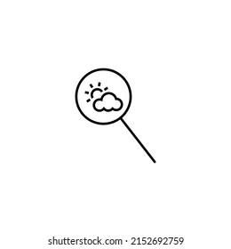 Outline symbols in flat style. Modern signs drawn with thin line. Editable strokes. Suitable for advertisements, books, internet stores. Line icon of sun over clouds under magnifying glass  
