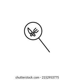 Outline symbols in flat style. Modern signs drawn with thin line. Editable strokes. Suitable for advertisements, books, internet stores. Line icon of crossed fork and knife under magnifying glass  