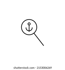 Outline symbols in flat style. Modern signs drawn with thin line. Editable strokes. Suitable for advertisements, books, internet stores. Line icon of anchor under magnifying glass  