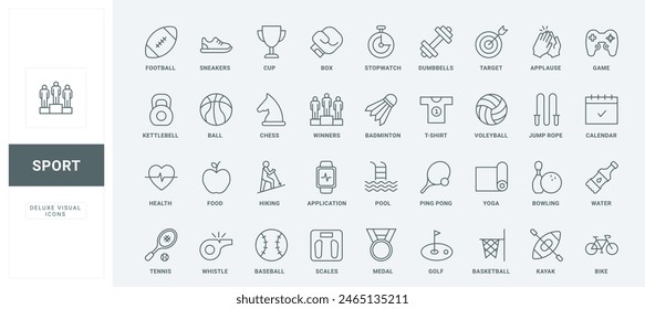 Outline symbols of gym equipment, balls for basketball and football, volleyball and baseball, kayaking and yoga collection. Sport training, hobby thin black and red line icons set vector illustration