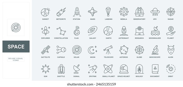 Outline symbols of interstellar mission and shuttle to travel to planets and stars and explore cosmos, scientific astronomy study. Space research thin black and red line icons set vector illustration