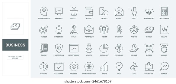 Outline symbols of money protection and accounting, monitoring and analysis of global trend by chart, agreement and communication. Business thin black and red line icons set vector illustration