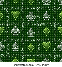 Outline symbols of playing cards on a green background. Seamless pattern.