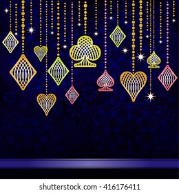 Outline symbols of playing cards on a dark gradient background. Vector background.