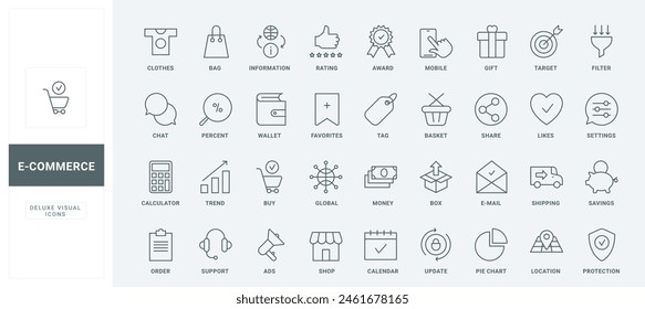 Outline symbols of shop advertising, online purchases on sales in marketplace and web store, payment and delivery, customers review. Ecommerce thin black and red line icons set vector illustration