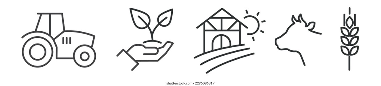 Outline symbols and signs of agriculture and mixed farming - editable vector thin line icon collection on white background