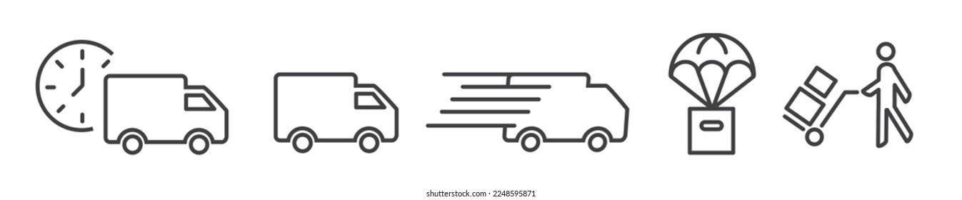 Outline symbols and signs of business topics such as delivery, cargo, van, supply and drop ship - editable vector thin line icon collection on white background