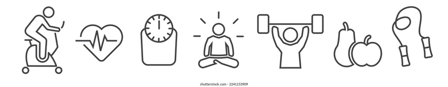 Outline symbols and signs of fitness and healthy living topics such as endurance sports, weight reduction, athletic sports, nutrition, lifestyle, mindfulness and habits, editable vector thin line icon