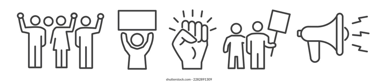 Outline symbols and signs of protest and - activism. Editable vector thin line icon collection on white background