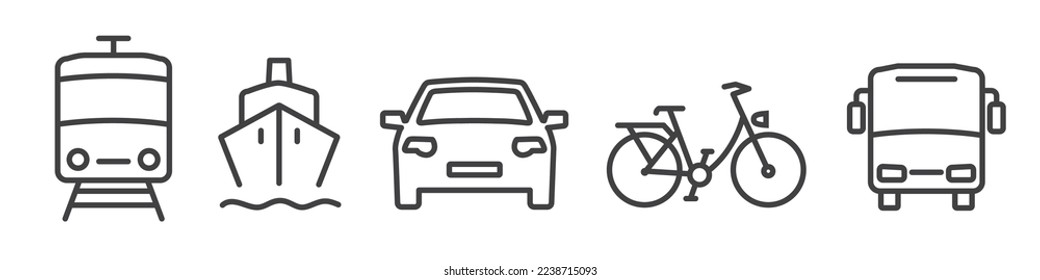 Outline symbols and signs of transportation topics such as bus, car, bicycle, train and ferry - editable vector thin line icon collection on white backround