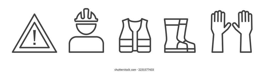 Outline symbols and signs of work safe such as helmet, reflective vest, gloves and workwear - editable vector thin line icon collection on white background