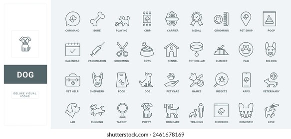 Outline symbols of veterinarian help and training, vaccination calendar and chip of puppy, paw and medal of winner, vet store pictograms. Dog care thin black and red line icons set vector illustration