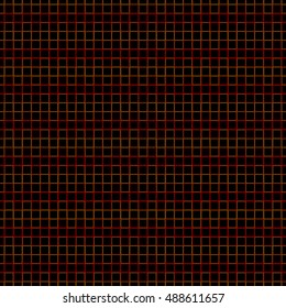 Outline symmetric geometric abstract. Seamless pattern with red and orange check ornament on black background. Repeated squares motif. Can be used for textile print.  Grill vector illustration