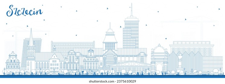 Outline Szczecin Poland city skyline with blue buildings. Vector illustration. Szczecin cityscape with landmarks. Business travel and tourism concept with modern and historic architecture.