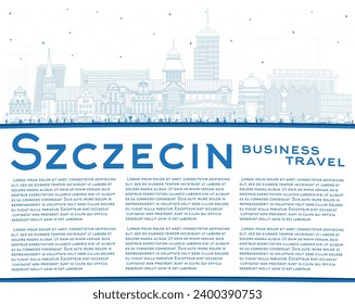 Outline Szczecin Poland city skyline with blue buildings and copy space. Vector illustration. Szczecin cityscape with landmarks. Travel and tourism concept with modern and historic architecture.