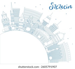 Outline Szczecin Poland city skyline with blue buildings and copy space. Vector illustration. Szczecin cityscape with landmarks. Travel and tourism concept with modern and historic architecture.