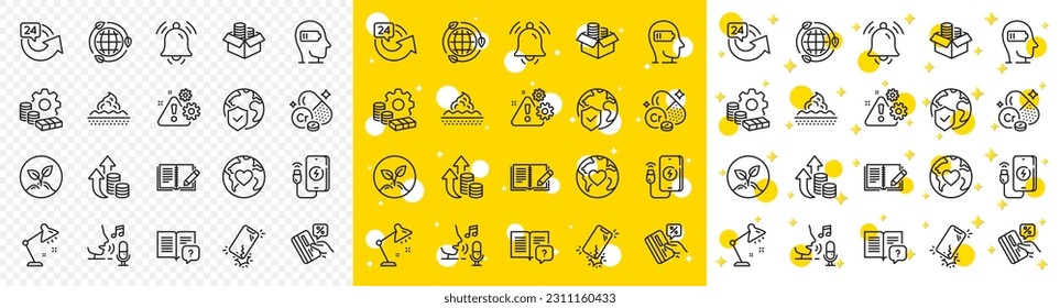 Outline Table lamp, Notification bell and Inflation line icons pack for web with Chromium mineral, Warning, Phone charging line icon. Startup, Feedback, Credit card pictogram icon. Money. Vector