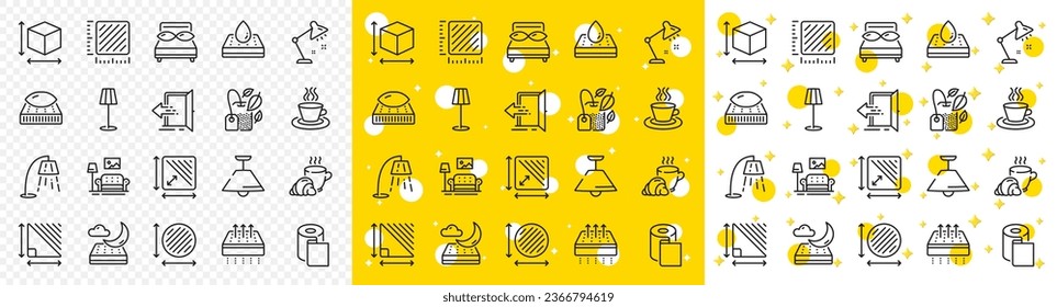 Outline Table lamp, Square meter and Paper wallpaper line icons pack for web with Box size, Floor lamp, Breathable mattress line icon. Mint bag, Pillows, Coffee break pictogram icon. Vector