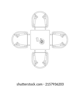 Outline of a table with napkins, a water jug and four chairs from black lines isolated on a white background. View from above. Vector illustration.