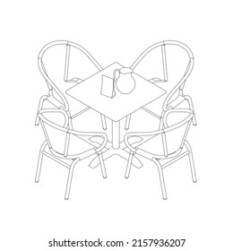 Outline of a table with napkins, a water jug and four chairs from black lines isolated on a white background. Isometric view. Vector illustration.