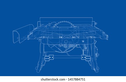 Outline table saw for woodwork vector. Wire-frame style. The layers of visible and invisible lines. 3D illustration