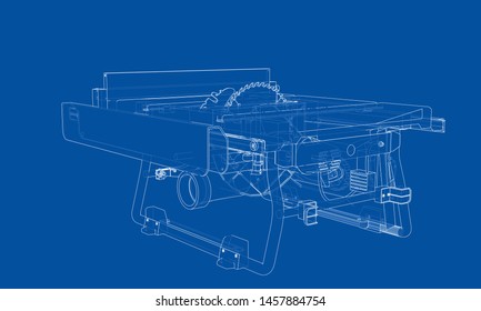 Outline table saw for woodwork vector. Wire-frame style. The layers of visible and invisible lines. 3D illustration