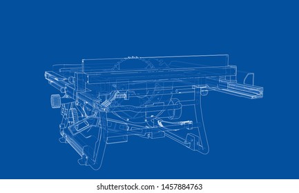 Outline table saw for woodwork vector. Wire-frame style. The layers of visible and invisible lines. 3D illustration