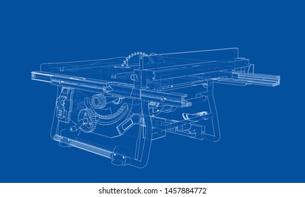 Outline table saw for woodwork vector. Wire-frame style. The layers of visible and invisible lines. 3D illustration