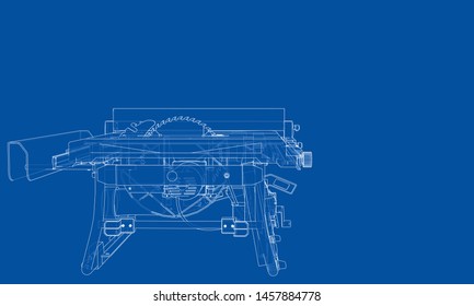 Outline table saw for woodwork vector. Wire-frame style. The layers of visible and invisible lines. 3D illustration