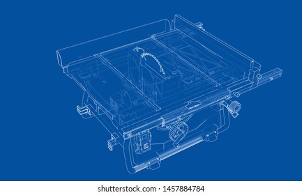 Outline table saw for woodwork vector. Wire-frame style. The layers of visible and invisible lines. 3D illustration